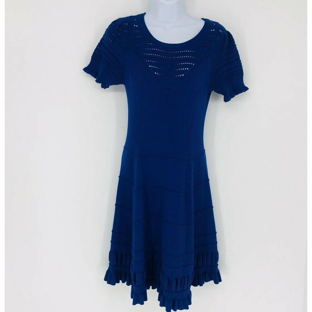 Maeve Anthropologie Medium Cobalt Blue Knit Flare Sweater Dress Crocheted Swing